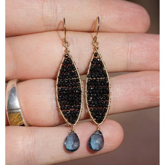Mabel Chong Designer 14k Solid Gold Black Spinel Blue Topaz Dangle Earrings - Picture 1 of 5